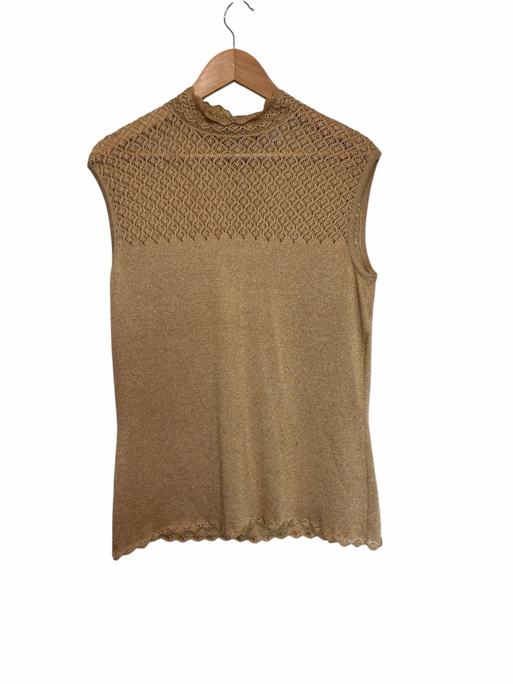 St.John Sleeveless Mock Neck Knit Top in gold shimmer metallic